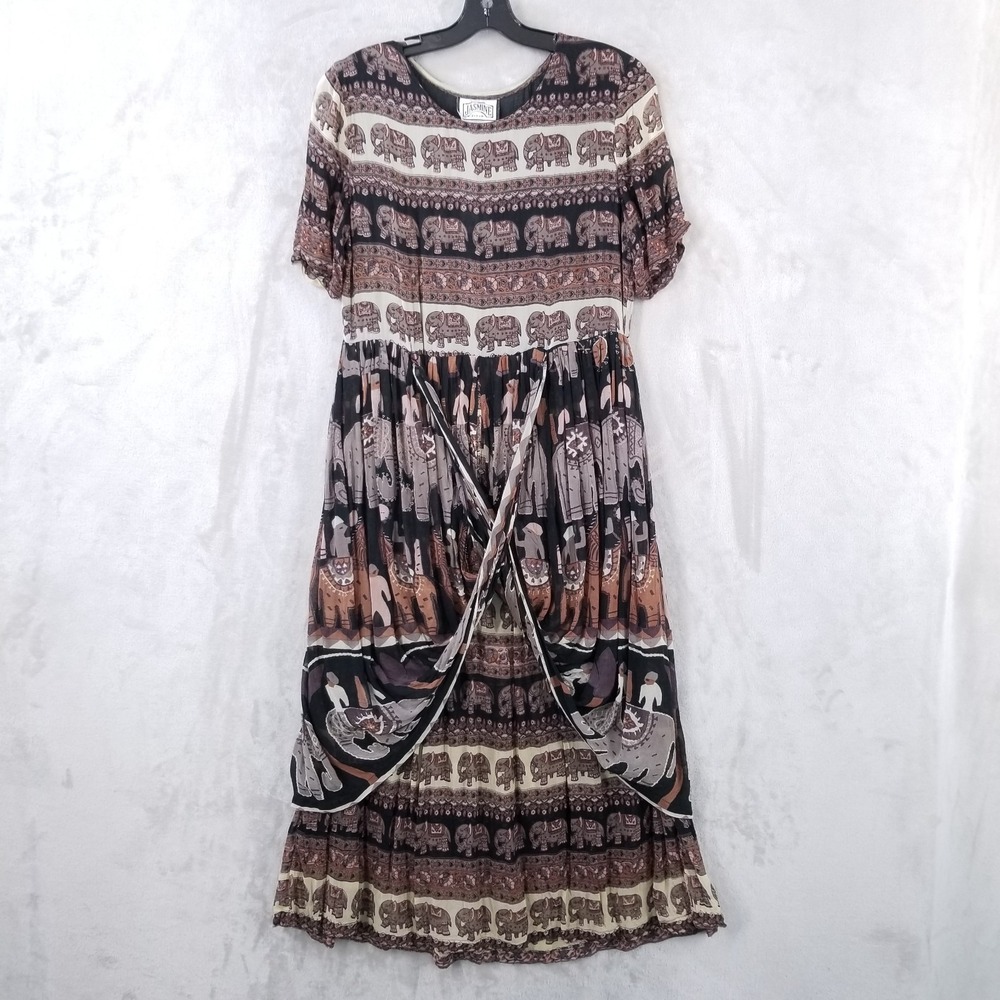 Vintage Jasmine KVM Midi Dress M Elephant Layered Boho Hippie Flowy India Cotton